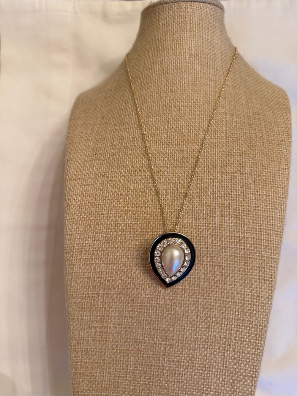 Park Lane Gold Tone Necklace with Black Enamel and Pearl Teardrop